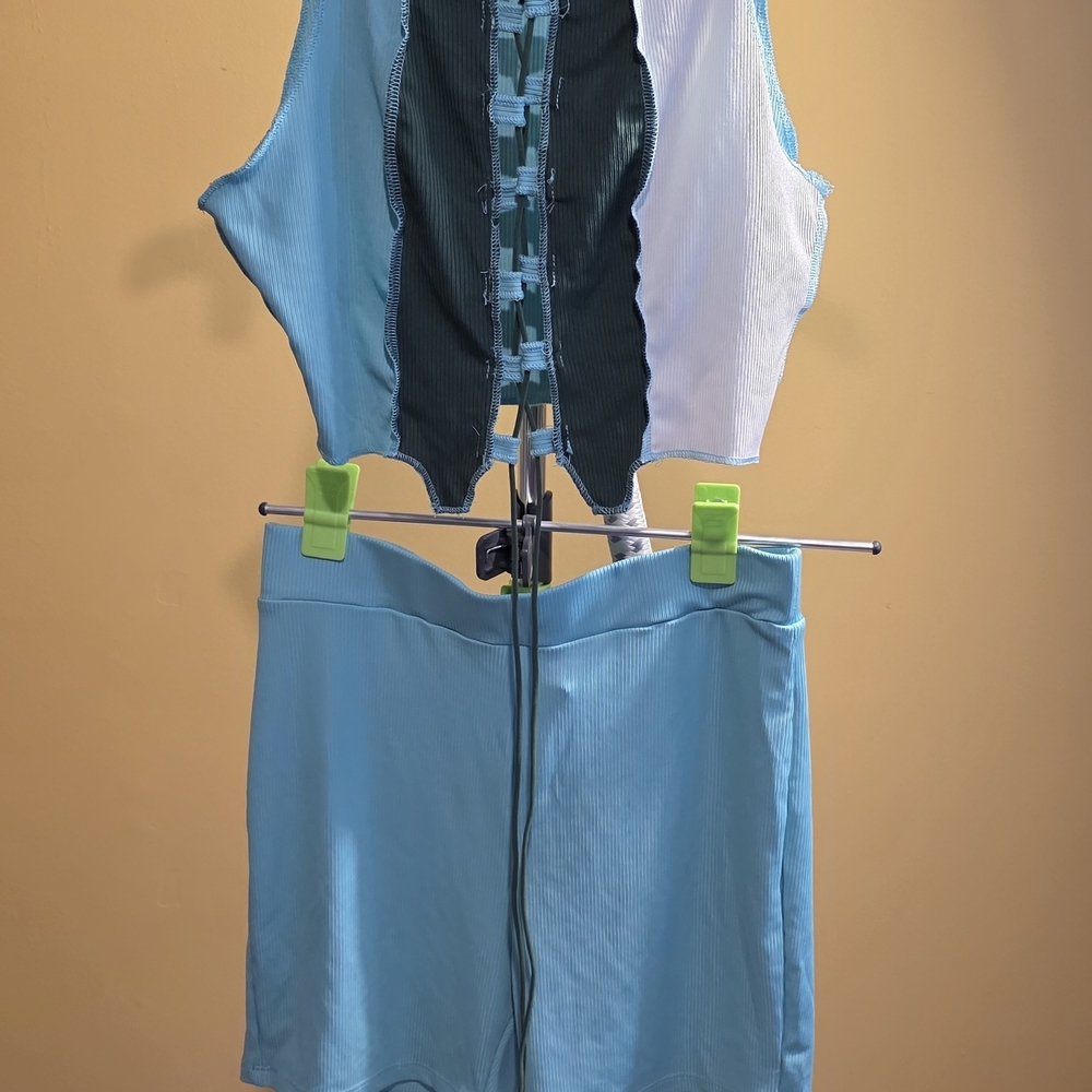 Blue and White Colorblock Top and Skirt Set